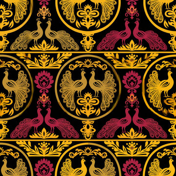 Elegant seamless pattern featuring ornate golden and crimson peacocks arranged in circular medallions with intricate floral motifs on a deep black background for luxury textile design
