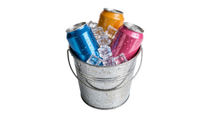 Three colorful soda cans chilling in a metal bucket with ice cubes, isolated on transparent background © Ryan