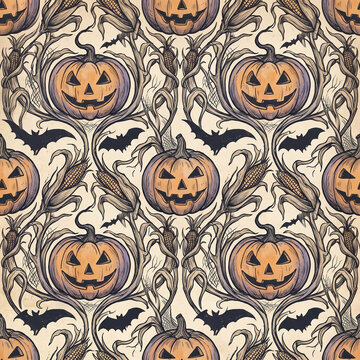 Vintage halloween seamless pattern featuring hand drawn jack o lanterns corn stalks and flying bats in a rustic victorian engraving style for festive seasonal background design