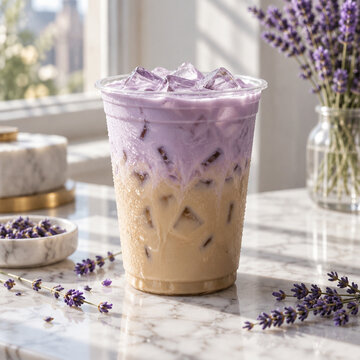 Iced lavender latte in a clear plastic cup with purple foam, served on a marble surface with fresh lavender sprigs and a vase in the background