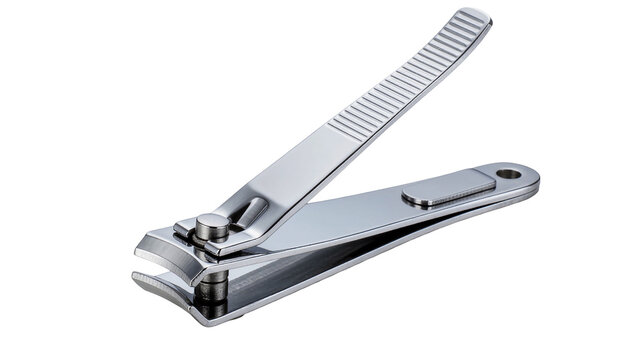 Shiny metallic nail clippers with textured lever, isolated on transparent background