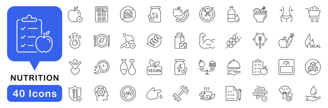 Nutrition icon set. Healthy food icon in line style. Editable web icons metabolism, food, water, vegetables, no sugar, digestion, vitaminscalories, diet, health etc. Vector illustration.