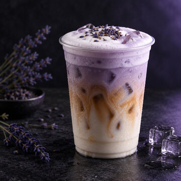 Iced lavender latte in a clear plastic cup with milk, coffee, and purple foam, garnished with dried lavender buds on a dark textured background
