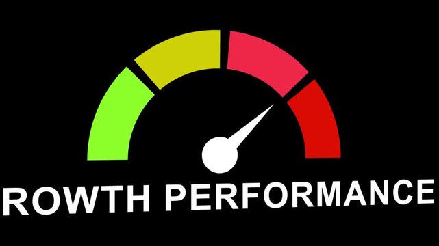 Dynamic growth performance gauge animation featuring a moving needle indicating business success metrics, financial progress, and key performance indicators in a modern corporate data style