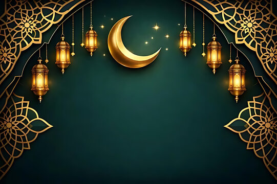 Golden crescent moon and lanterns for ramadan celebration