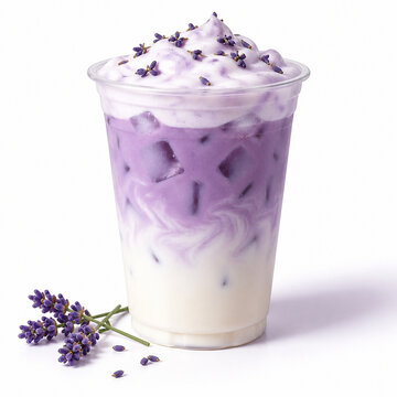 Iced lavender latte with purple foam topping and fresh lavender sprigs in a clear plastic cup, isolated on white background
