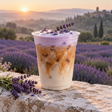 Iced lavender latte in a clear plastic cup topped with lavender foam and fresh flowers, set on a stone wall overlooking a scenic lavender field at sunset