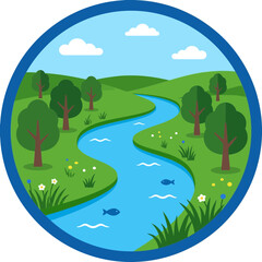Obraz premium A winding river flowing through a lush green landscape with trees.
