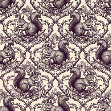 Vintage seamless pattern featuring detailed squirrels with acorns and oak leaves in an intricate Victorian engraving style for elegant textile design and sophisticated wallpaper decor