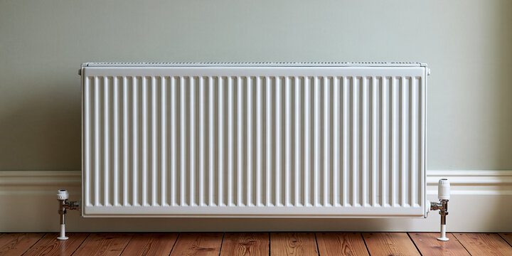 A modern white radiator positioned on a wooden floor against a pale green wall. The radiator has vertical fins and is connected to pipes below