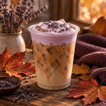 Iced lavender latte with creamy purple foam topping, served in a clear plastic cup on a rustic wooden table with autumn leaves and dried lavender flowers