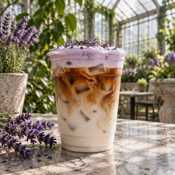Iced lavender latte with purple cold foam and dried lavender buds in a clear plastic cup on a marble table in a sunlit greenhouse setting