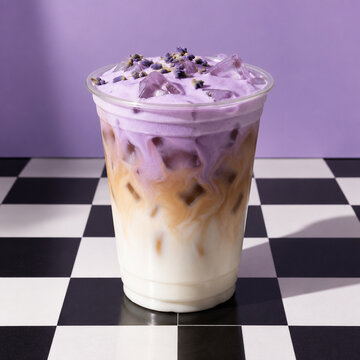 Iced lavender latte with purple foam topping and dried lavender buds in a clear plastic cup on a black and white checkered surface