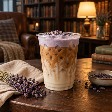 Iced lavender latte in a clear plastic cup with purple foam topping, garnished with dried lavender buds on a rustic wooden table in a cozy library setting