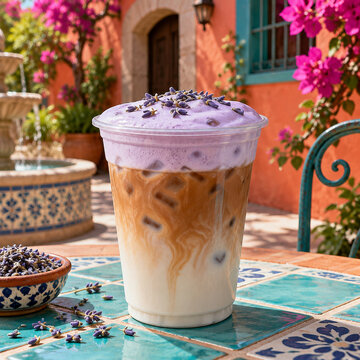 Iced lavender latte with purple foam topping in a clear plastic cup on a decorative tiled table in a sunny mediterranean courtyard setting