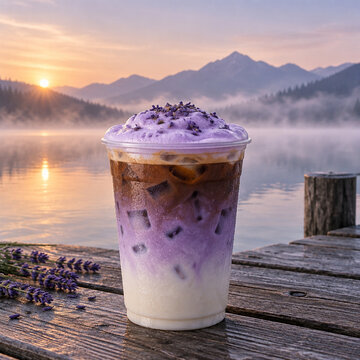 Iced lavender latte with purple foam topping on a wooden dock by a misty mountain lake at sunrise