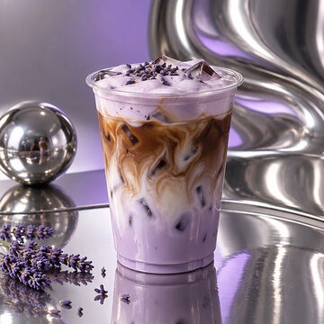 Iced lavender latte with coffee and milk in a clear plastic cup, garnished with dried lavender buds, set on a reflective silver surface with purple background