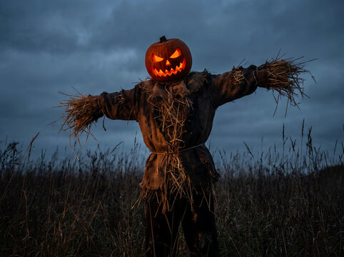 Halloween scarecrow with glowing pumpkin head standing in field at dusk