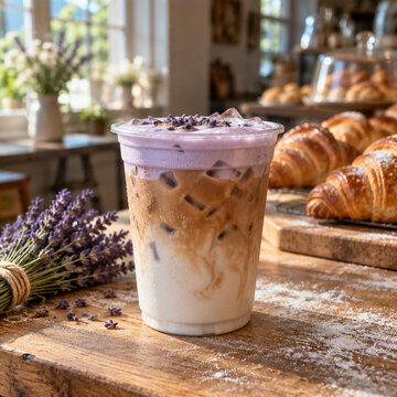 Iced lavender latte in a clear plastic cup topped with purple foam and dried lavender buds, served on a rustic wooden table with fresh croissants