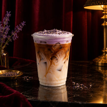 Iced lavender latte with cold foam topping in a plastic cup on a dark marble table with dried lavender flowers and a vintage lamp in a moody setting