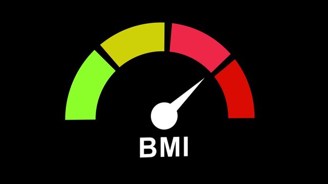 Animated bmi body mass index gauge meter indicating health status levels with moving needle indicator for medical weight loss programs, fitness tracking apps, and healthcare wellness educational