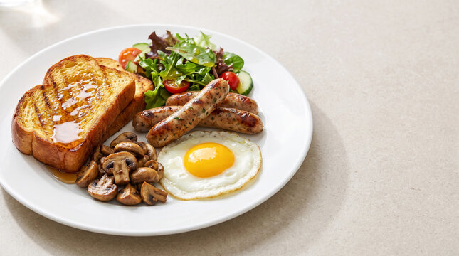 French Breakfast Plate with Grilled Brioche Sausages Egg Mushroom and Salad For Restaurant Menu