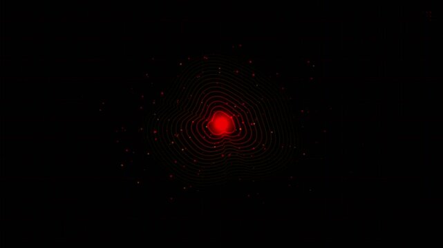 Red laser light diffraction pattern on black background. Scientific physics experiment showing light interference. Abstract optical laser beam projection.