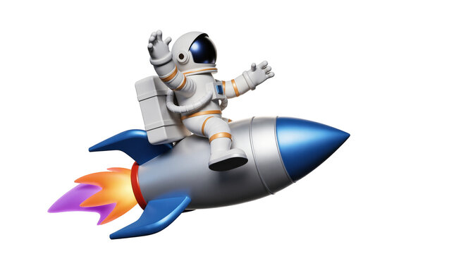 Astronaut riding a silver and blue rocket with orange and purple flames, isolated on transparent background