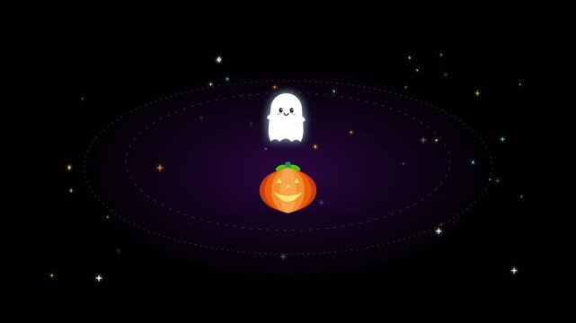 Halloween ghost and pumpkin animation, cute ghost floating in space, spooky jack-o-lantern orbiting in dark galaxy, festive holiday motion graphic