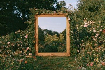 Obraz premium Gold frame in lush garden with blooming roses and greenery