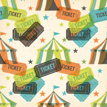 Seamless pattern featuring vintage circus tents and colorful admission tickets with a retro textured overlay perfect for carnival themed party invitations and festive graphic design projects