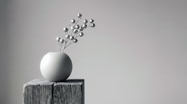 A small decorative branch with silver berries in a white round vase on a rustic wooden pedestal interior minimalism sculpture background tabletop