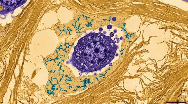 Microscopic cellular pathology: arthritis lesion, arthrosis change, osteoarthritis damage, osteoarthrosis process, chondrocyte structure, extracellular matrix, tissue degradation, joint disorder.