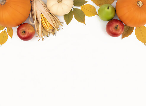 Autumn harvest border with pumpkins and fruit isolated on white