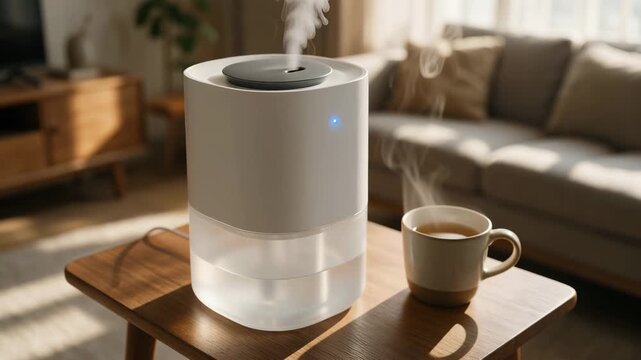 Flu season prevention and humidity care humidifier on a side table in a warm lit living room a mug of tea beside it soft winter light macro close up detail shot