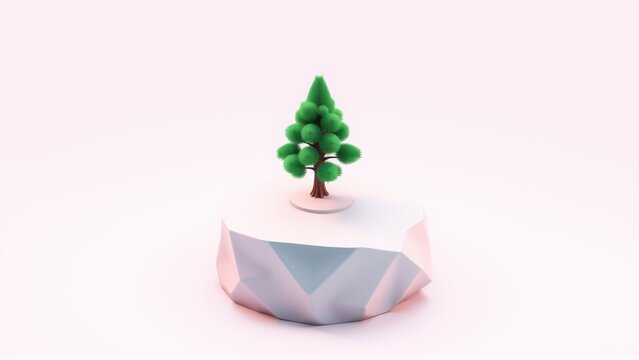 Minimalist tree sits atop faceted pedestal. Soft pink gradient background creates simple, clean aesthetic. Focus on geometry, form.