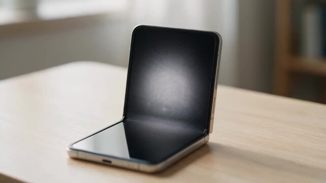 Foldable smartphone phone with a screen resting on a pale wooden desk soft window light cinematic slow push in shot