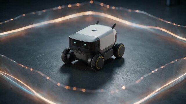 AI safety guardrails glowing containment boundary around a small autonomous machine on a dark studio floor wide orbiting establishing shot