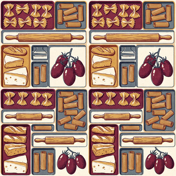 Seamless pattern illustration featuring Italian culinary ingredients like pasta farfalle rigatoni cheese bread tomatoes and wooden rolling pins in a vintage hand drawn textured style