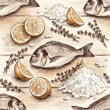 Seamless pattern illustration featuring fresh sea bream fish with lemon slices and aromatic thyme herbs on a rustic wooden background for culinary menu design and food packaging