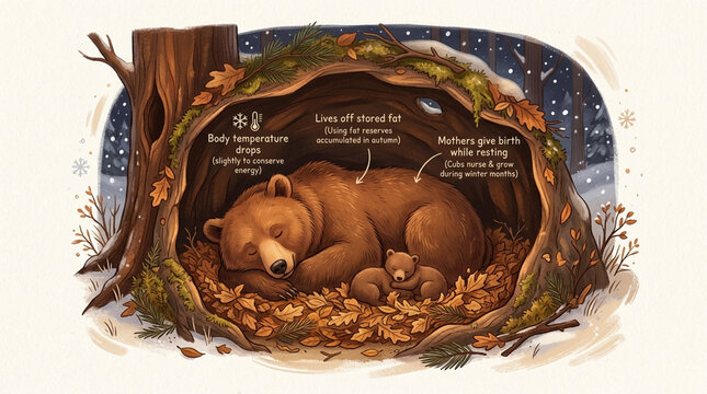 Educational Illustration of Brown Bear Hibernating in a Winter Den with Cub - Infographic Style