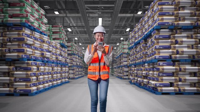 Front View of Asian Female Engineer Use Smartphone While Walking at Warehouse Stacked Cement Bags Pallets