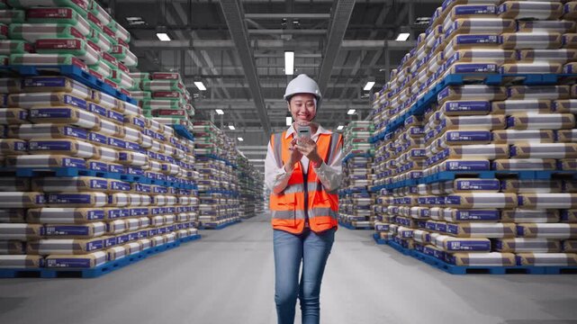 Front View of Asian Female Engineer Use Smartphone While Walking at Warehouse Stacked Cement Bags Pallets