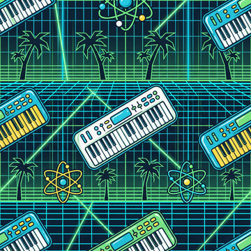 Seamless retro synthwave pattern featuring digital keyboards and glowing palm trees on a neon grid background for vibrant music festival posters and creative eighties style design
