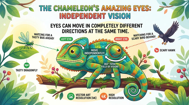 Educational Infographic of Chameleon Amazing Eyes and Independent 360 Degree Vision