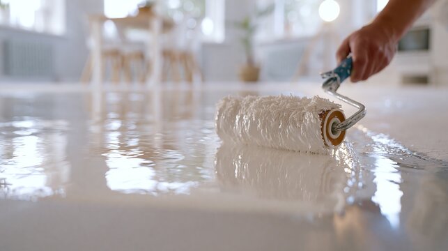 Floor Lacquering Process on Gray Microcement Base Close Up