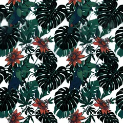 Seamless tropical pattern featuring toucans perched among lush monstera leaves and vibrant passion flowers in a sophisticated botanical illustration style for modern textile design projects © Helmalia