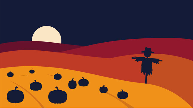 Minimalist vector of a pumpkin patch and scarecrow at night under a full moon.
