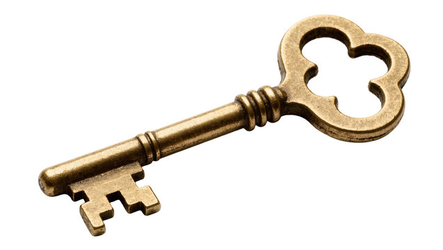 Antique brass skeleton key with clover-shaped bow, isolated on transparent background