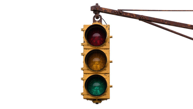 Old yellow traffic signal with red yellow and green lights, isolated on transparent background